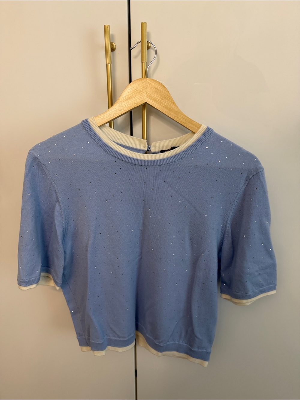 Maje Light Blue Short Sleeve Knit Tee with Cream Trim